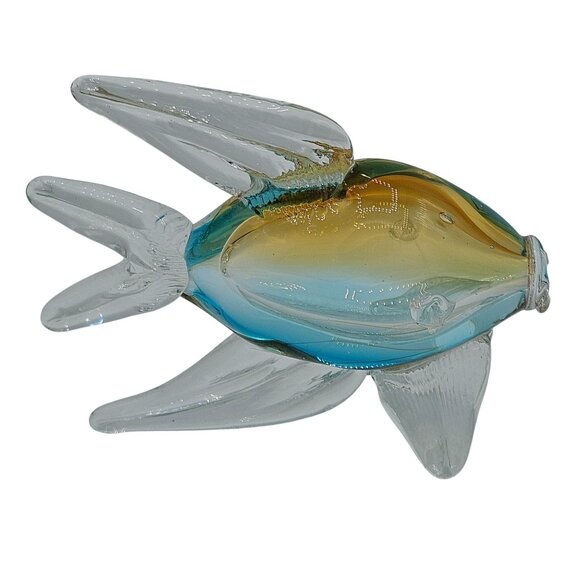 Blown Glass Fish Figurine With Ombre Orange & Blue Tones Clear Glass Fins Tail - Picture 3 of 4